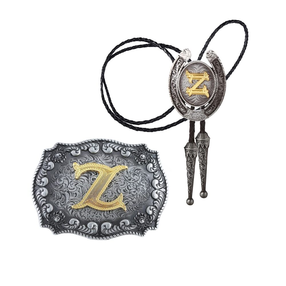 4807 2 Pieces Western Cowboy Belt Buckle Bolo tie Set Golden Initial Letter